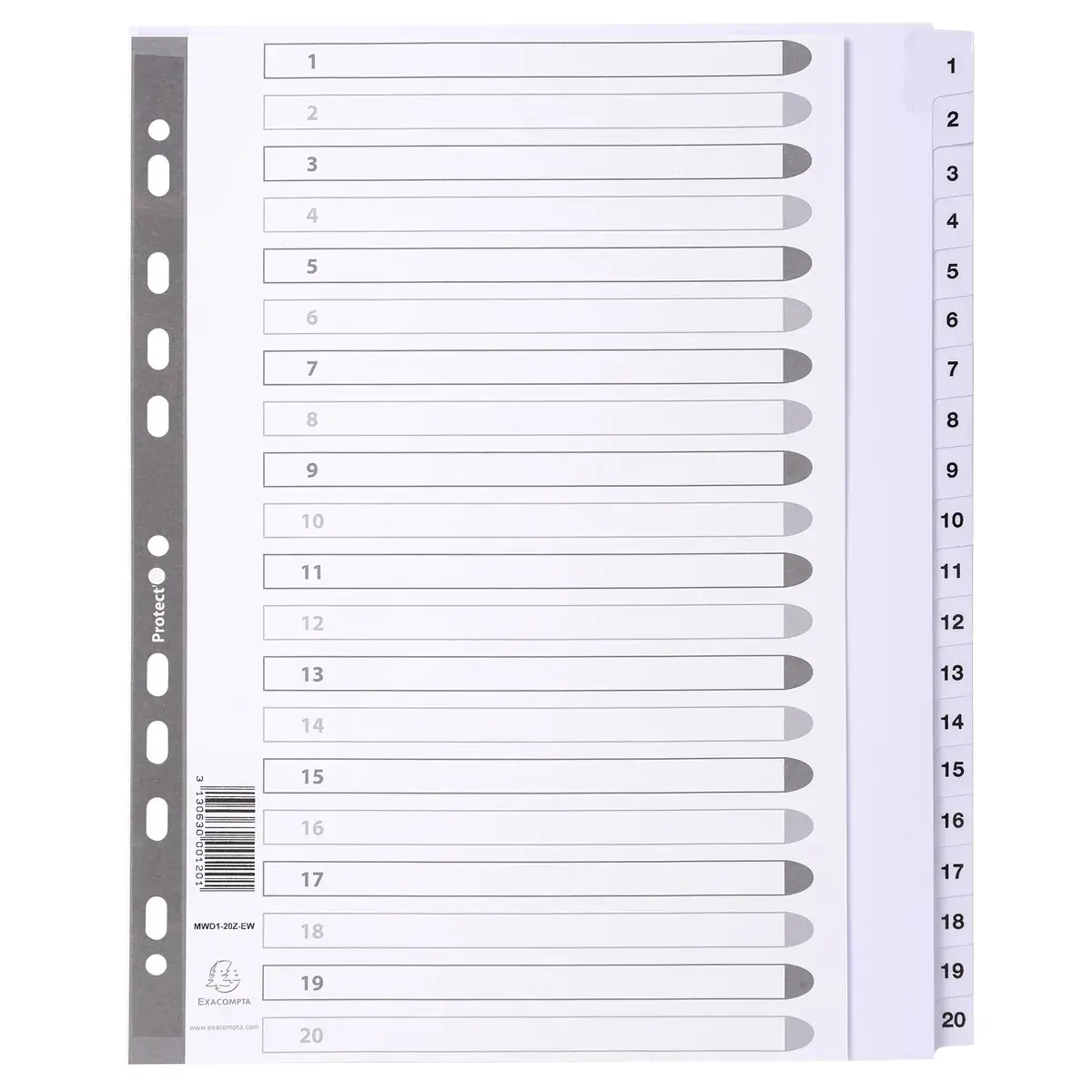 Intercalaires imprim&eacute;s &agrave; touches plastifi&eacute;es - 20 touches 1 &agrave; 20 - A4 maxi - Blanc - EXACOMPTA 