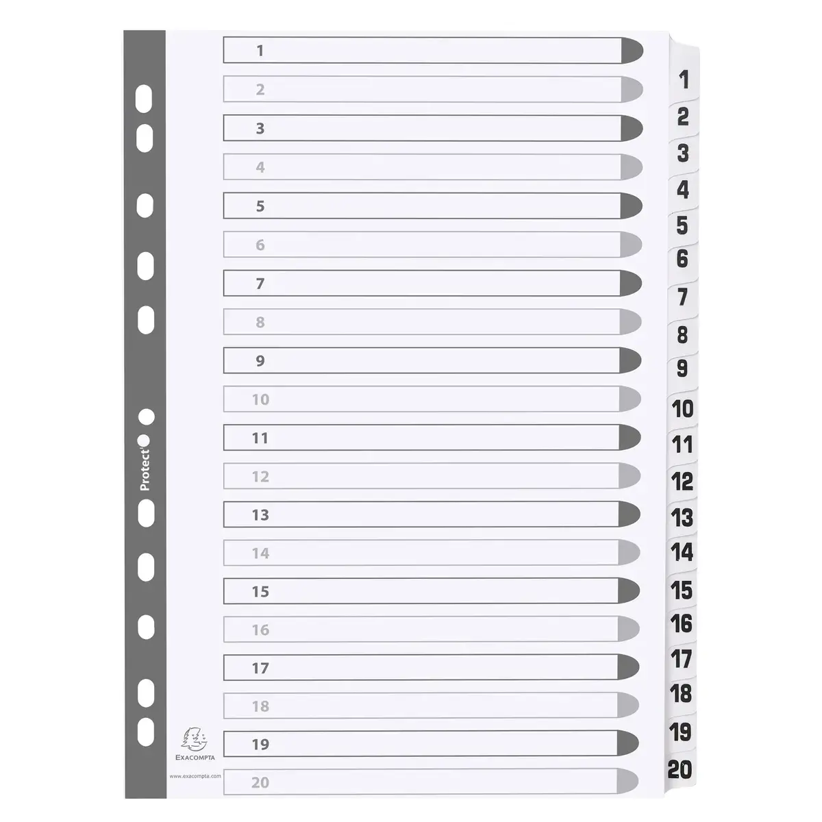 Intercalaires imprimés à touches plastifiées - 20 touches 1 à 20 - A4 - Blanc - EXACOMPTA