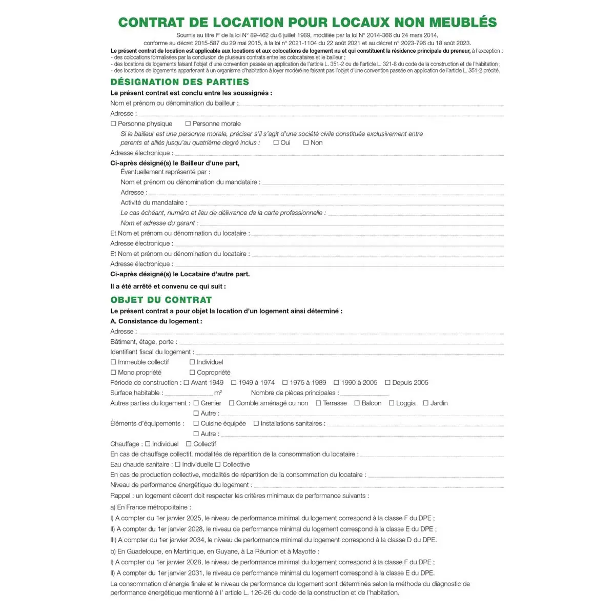Feuilles Contrat de location pour locaux non meublés telles qu'utilisées dans les dossiers réf. 44E - EXACOMPTA