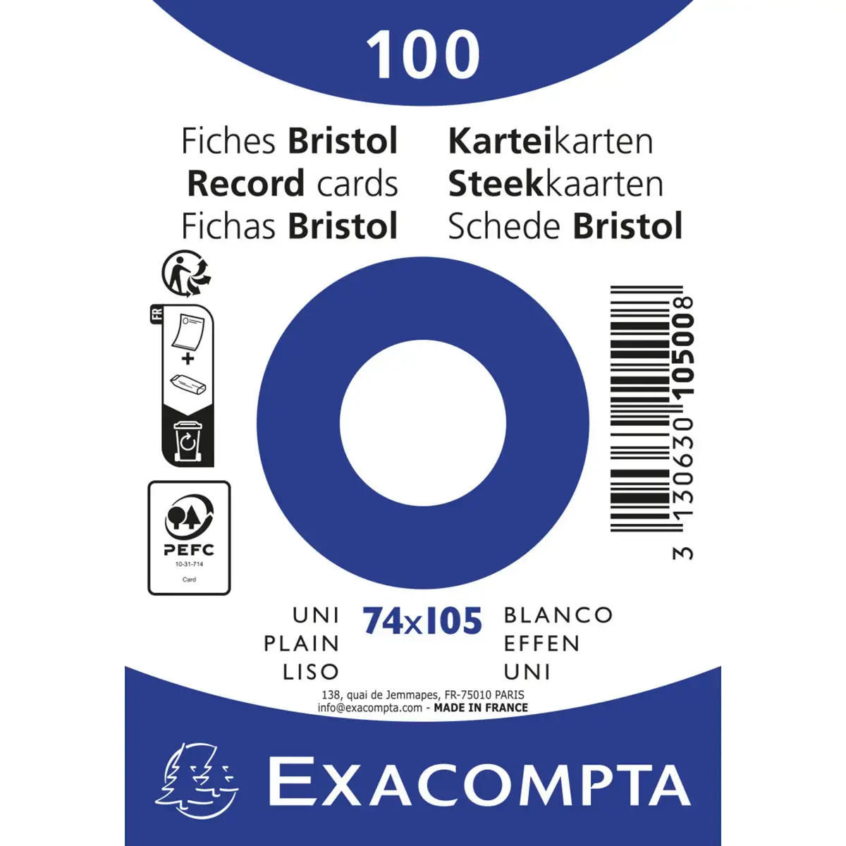 Paquet 100 fiches sous film - bristol uni non perfor&eacute; 74x105mm - Blanc - EXACOMPTA 