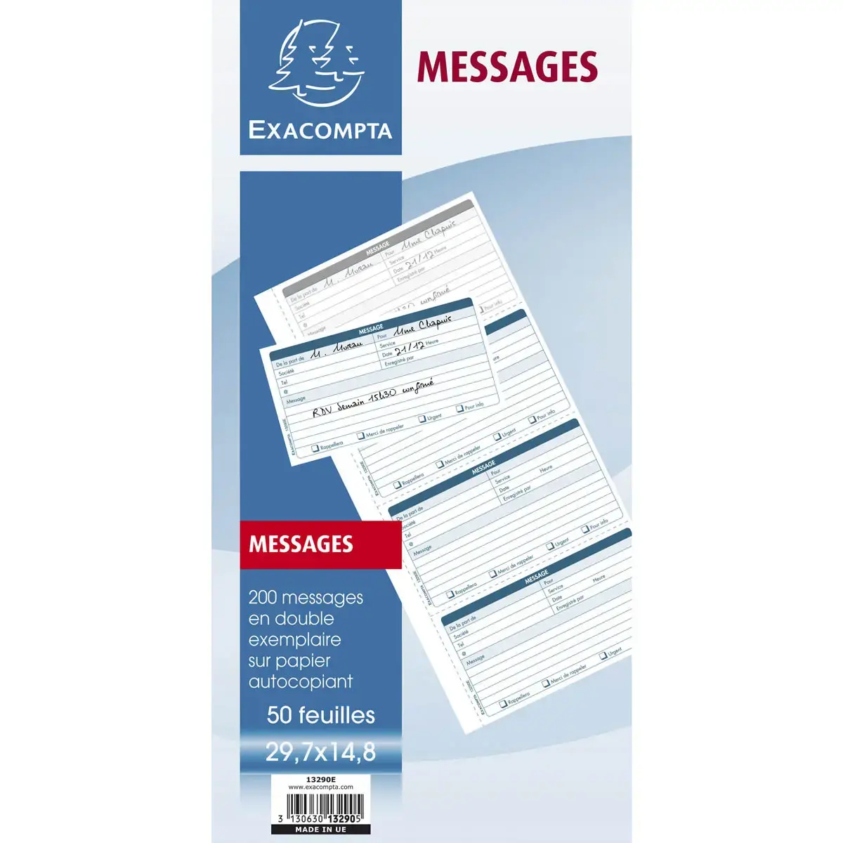 Carnet broché 29,7x14,8cm - Messages téléphones (4 à la page) - 50 feuilles dupli autocopiantes - EXACOMPTA