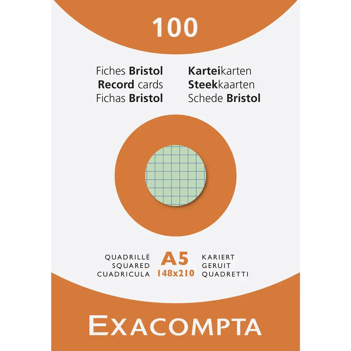 Étui de 100 fiches - bristol quadrillé 5 x 5 non perforé 148 x 210 mm - Couleurs assorties - Exacompta
