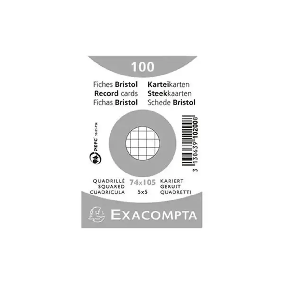 Paquet 100 fiches sous film - bristol quadrill&eacute; 5x5 non perfor&eacute; 74x105mm - Blanc - EXACOMPTA 