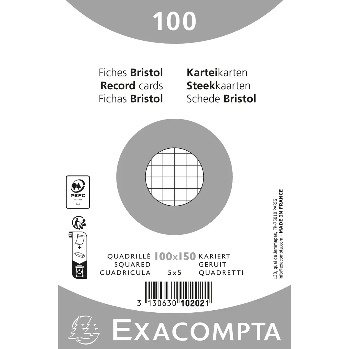 Paquet 100 fiches sous film - bristol quadrill&eacute; 5 x 5 non perfor&eacute; - 100 x 150 mm - Blanc - Exacompta 