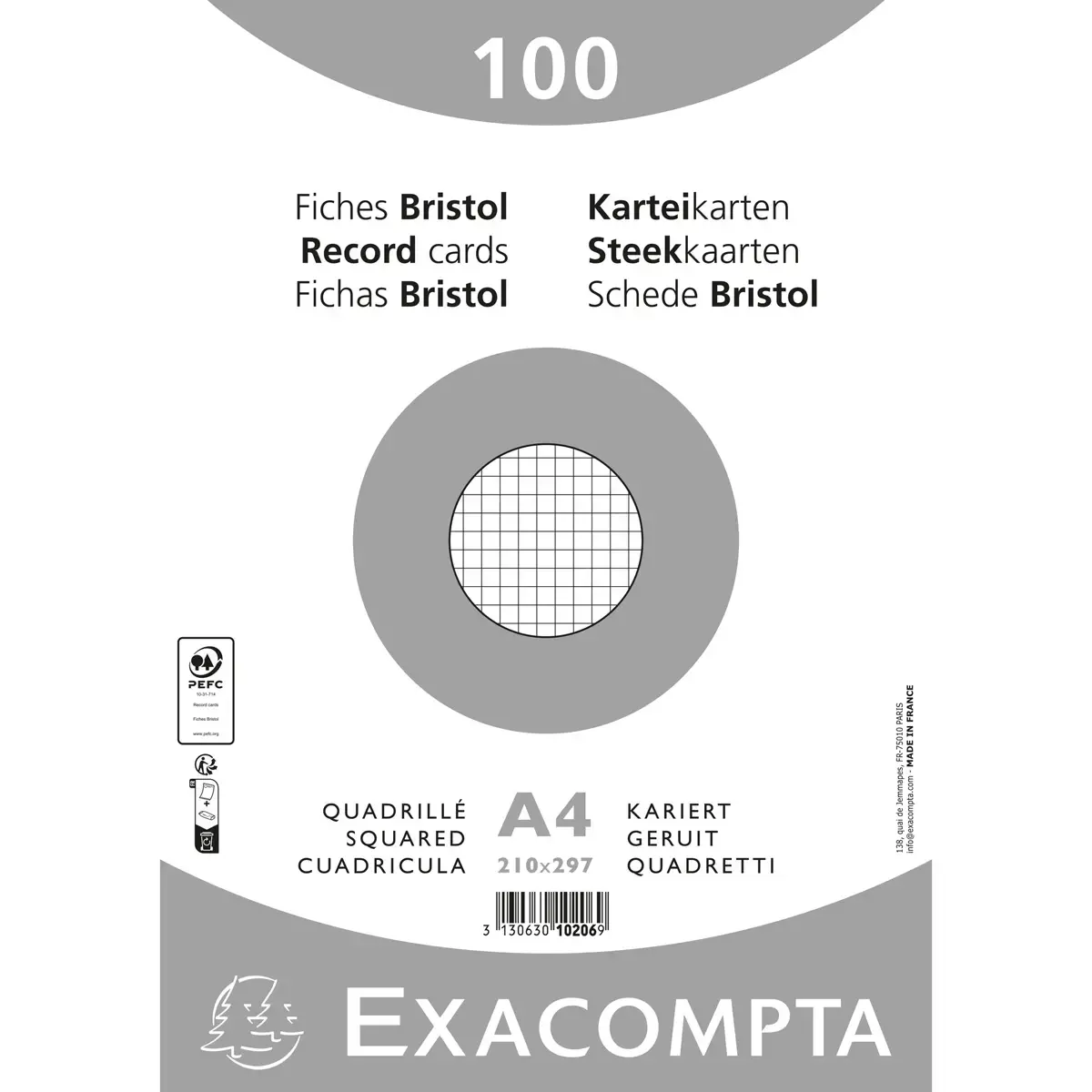 Paquet 100 fiches sous film - bristol quadrillé 5 x 5 non perforé 210 x 297 mm - Blanc - Exacompta