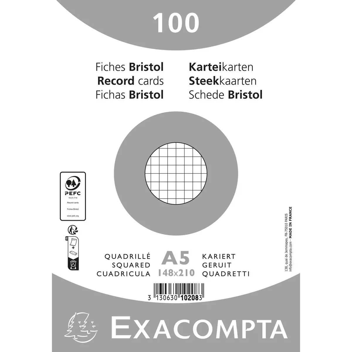 Paquet 100 fiches sous film - bristol quadrillé 5x5 non perforé 148x210mm - Blanc - EXACOMPTA