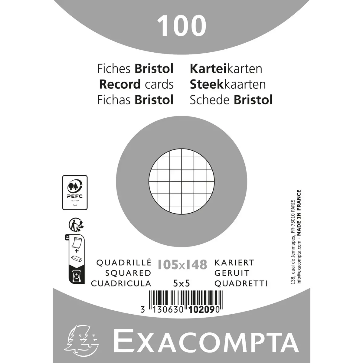 Paquet 100 fiches sous film - bristol quadrill&eacute; 5 x 5 non perfor&eacute; 105 x 148 mm - Blanc - Exacompta 
