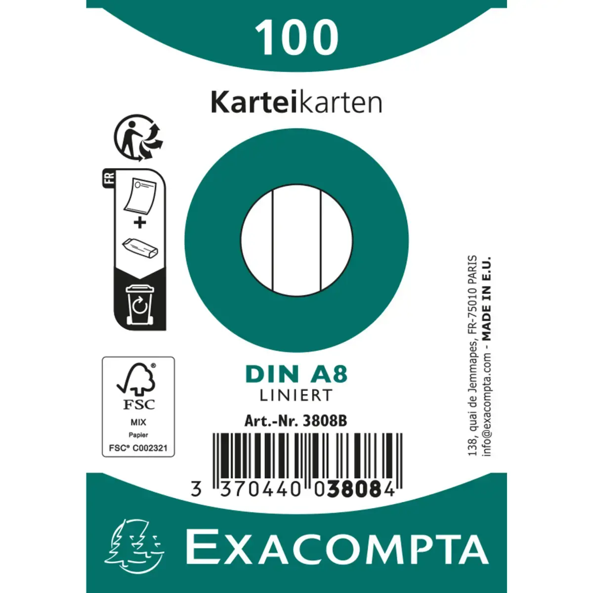Paquet 100 fiches sous film - bristol lign&eacute; non perfor&eacute; 55x74mm - Blanc - EXACOMPTA 