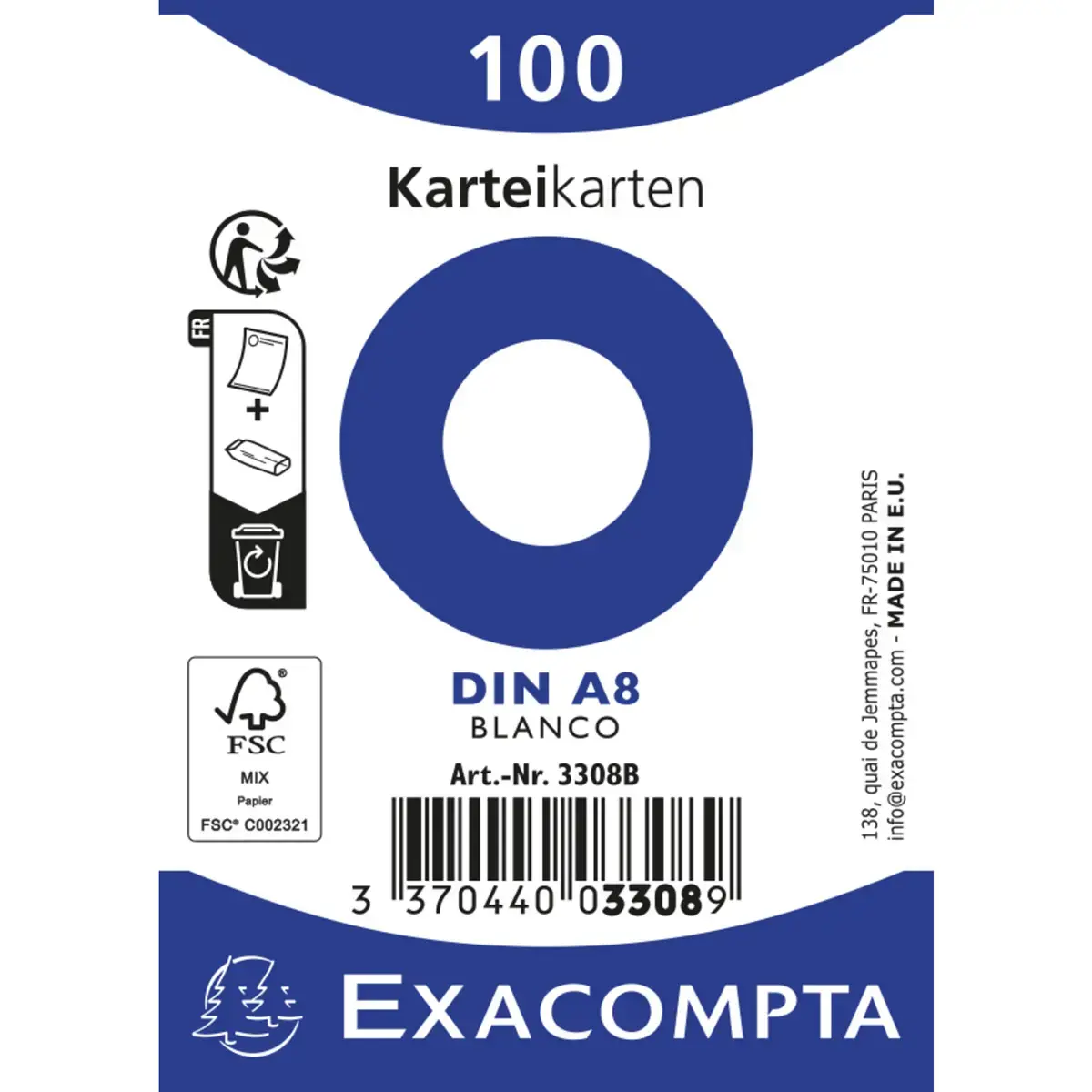 Paquet 100 fiches sous film - bristol uni non perfor&eacute; 55x74mm - Blanc - EXACOMPTA 