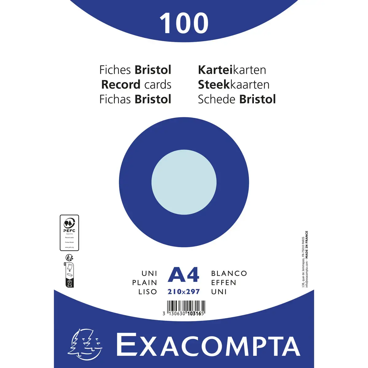 Paquet 100 fiches sous film - bristol uni non perfor&eacute; 210x297mm - Azur - EXACOMPTA 