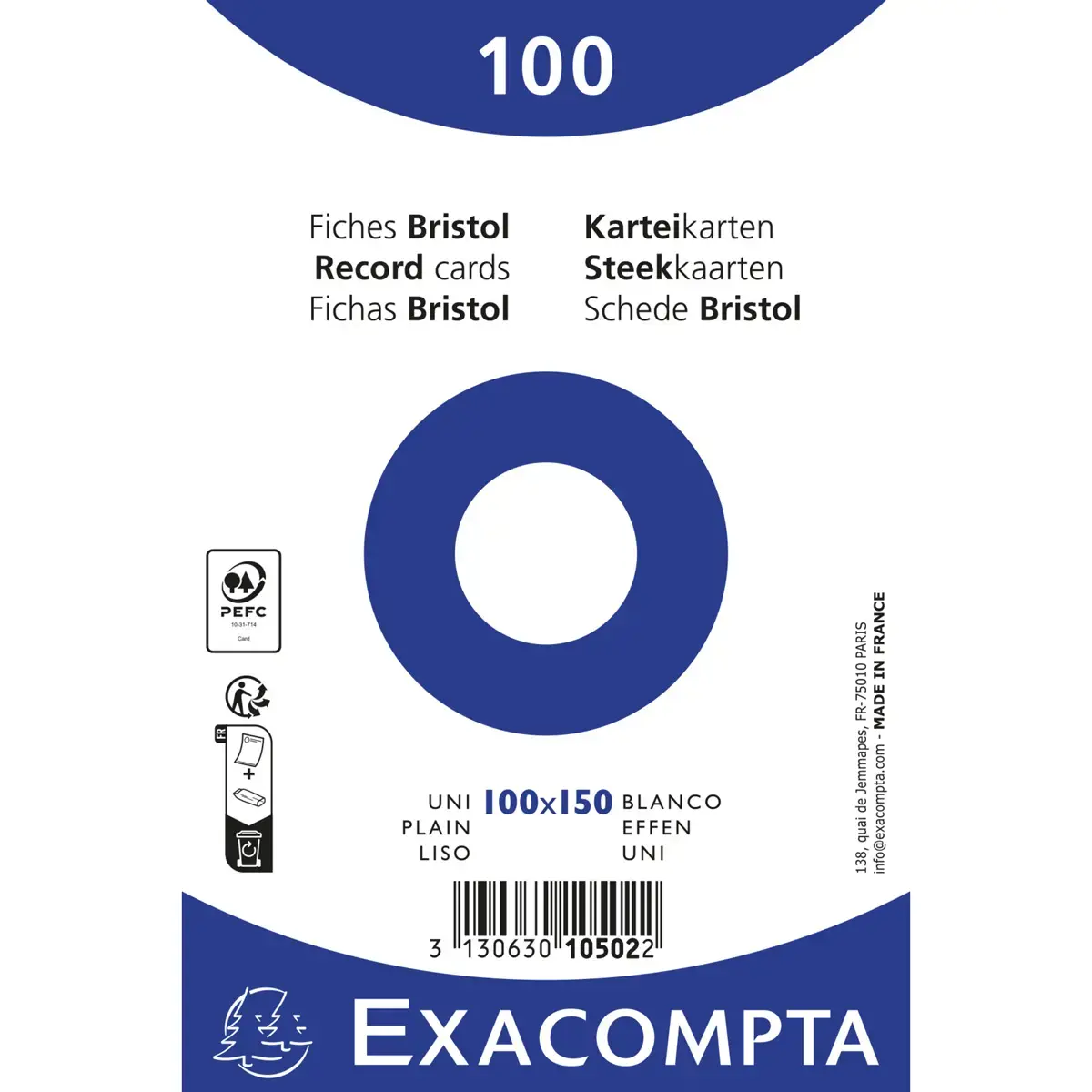 Paquet 100 fiches sous film - bristol uni non perforé 100x150mm - Blanc - EXACOMPTA