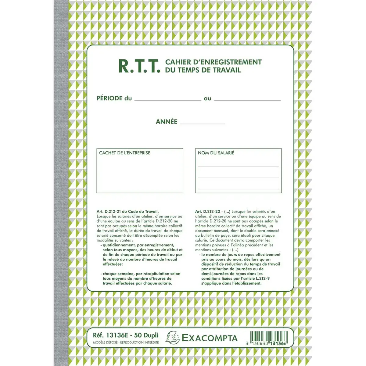 Manifold R.T.T Enregistrement du temps de travail 50 feuillets dupli autocopiants - EXACOMPTA 