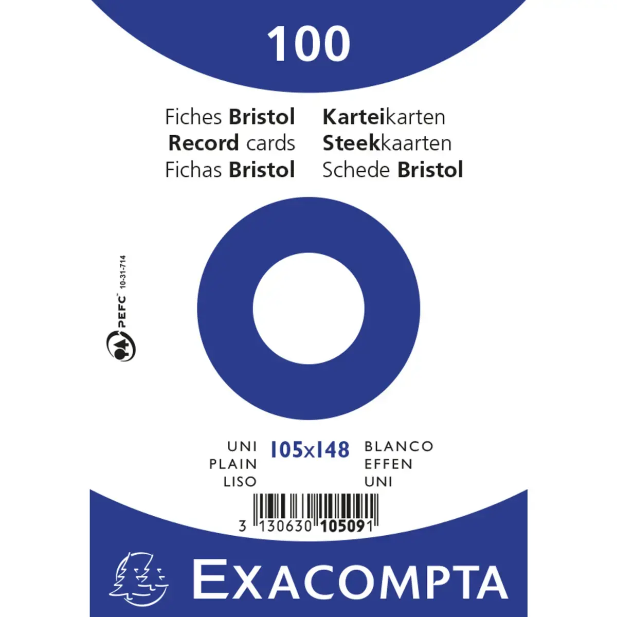 Paquet 100 fiches sous film - bristol uni non perfor&eacute; - 105 x 148 mm - Blanc - Exacompta 