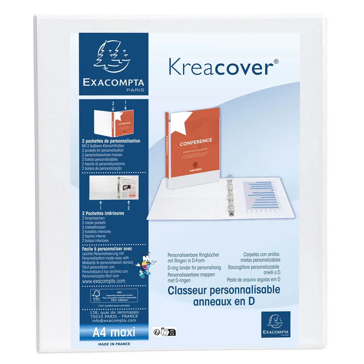Classeur PP personnalisable Kreacover - 2 anneaux en D 15mm - A4 maxi - Blanc - EXACOMPTA 