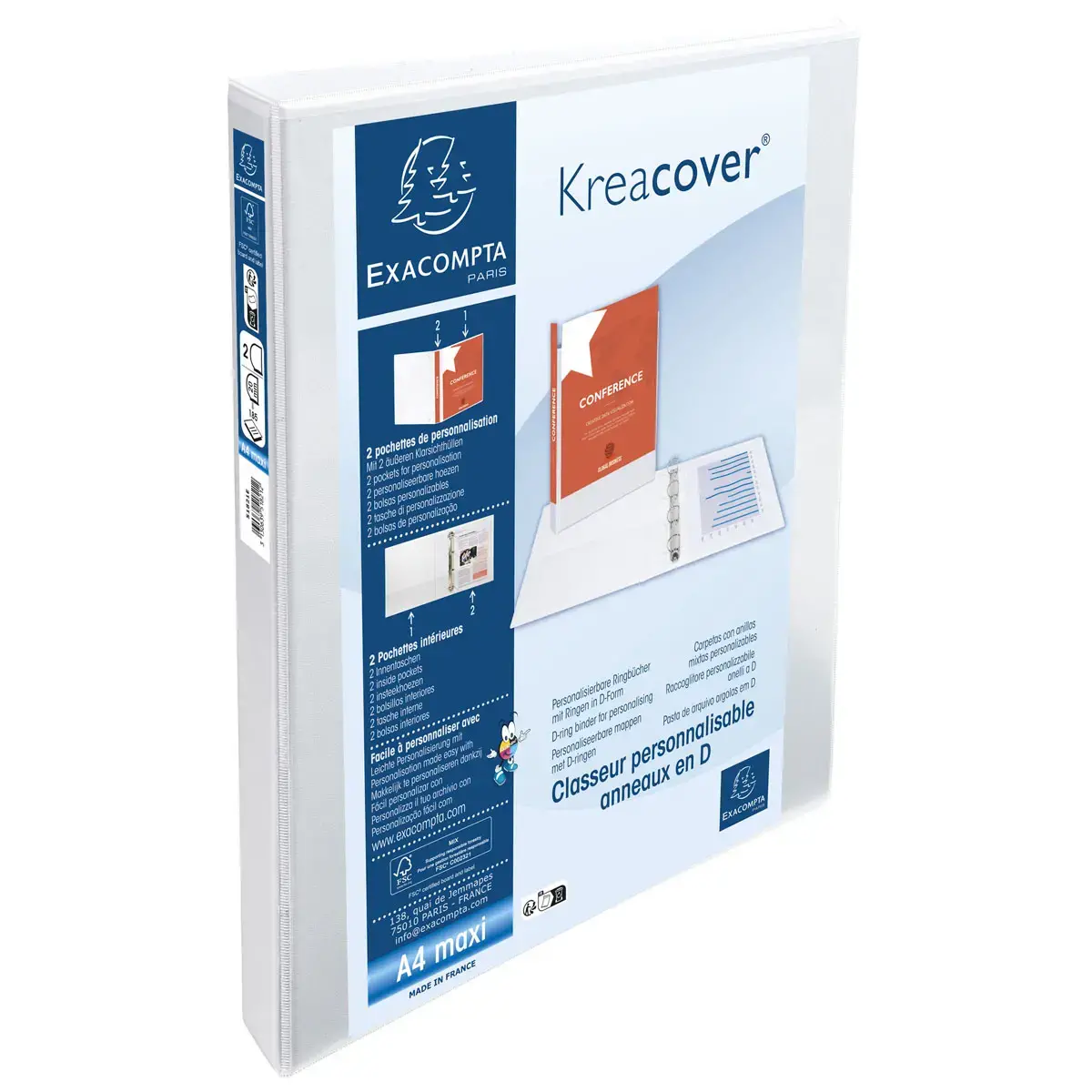 Classeur PP personnalisable Kreacover - 2 anneaux en D 20mm - A4 maxi - Blanc - EXACOMPTA