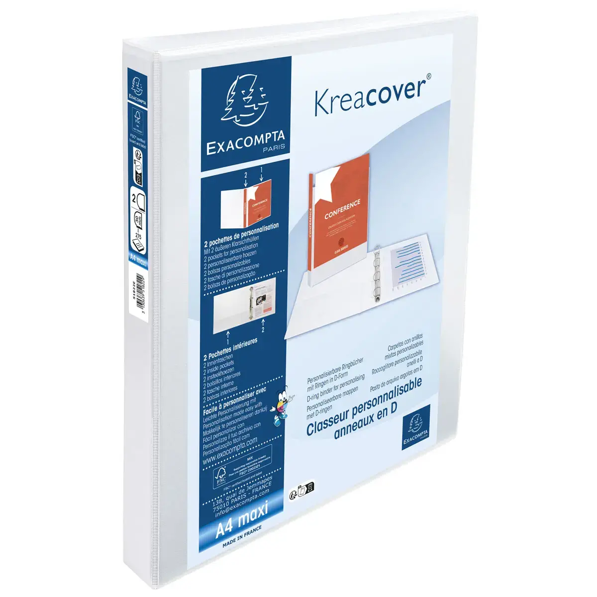 Classeur PP personnalisable Kreacover - 2 anneaux en D 30mm - A4 maxi - Blanc - EXACOMPTA 