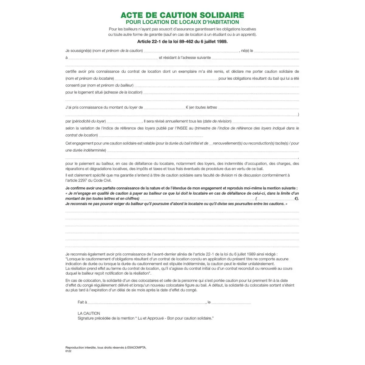 Liasses 'Acte de caution' (tous contrats sauf 50E) - EXACOMPTA