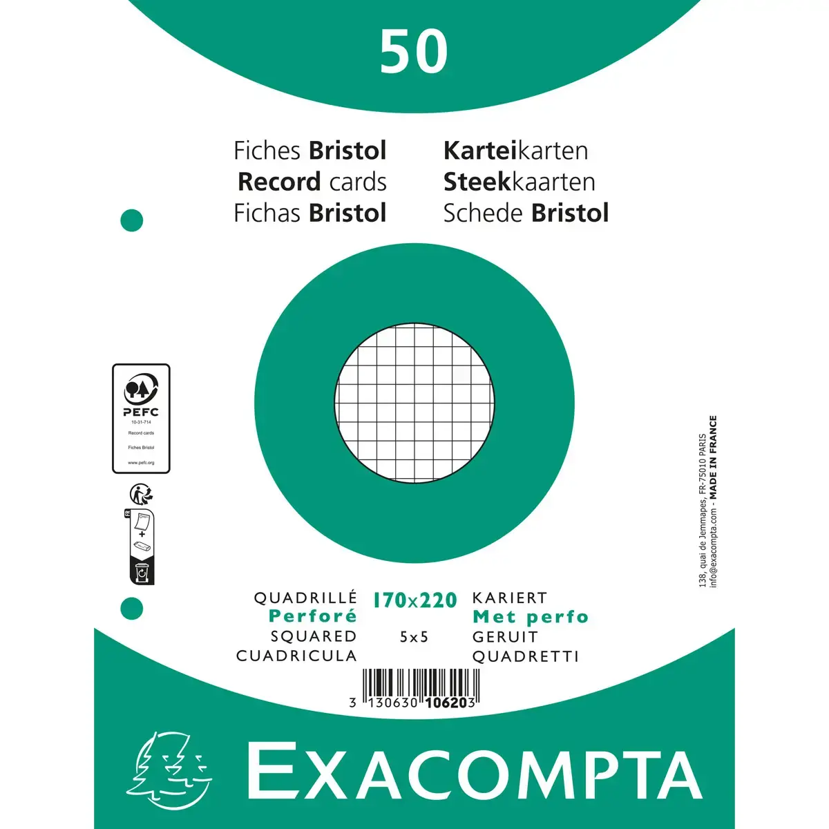 Paquet 50 fiches sous film - bristol quadrillé 5 x 5 perforé 170 x 220 mm - Blanc - Exacompta