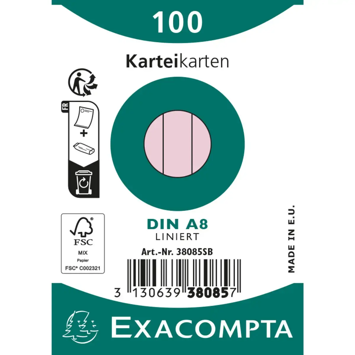 Paquet 100 fiches sous film - bristol lign&eacute; non perfor&eacute; 55x74mm - Rose - EXACOMPTA 
