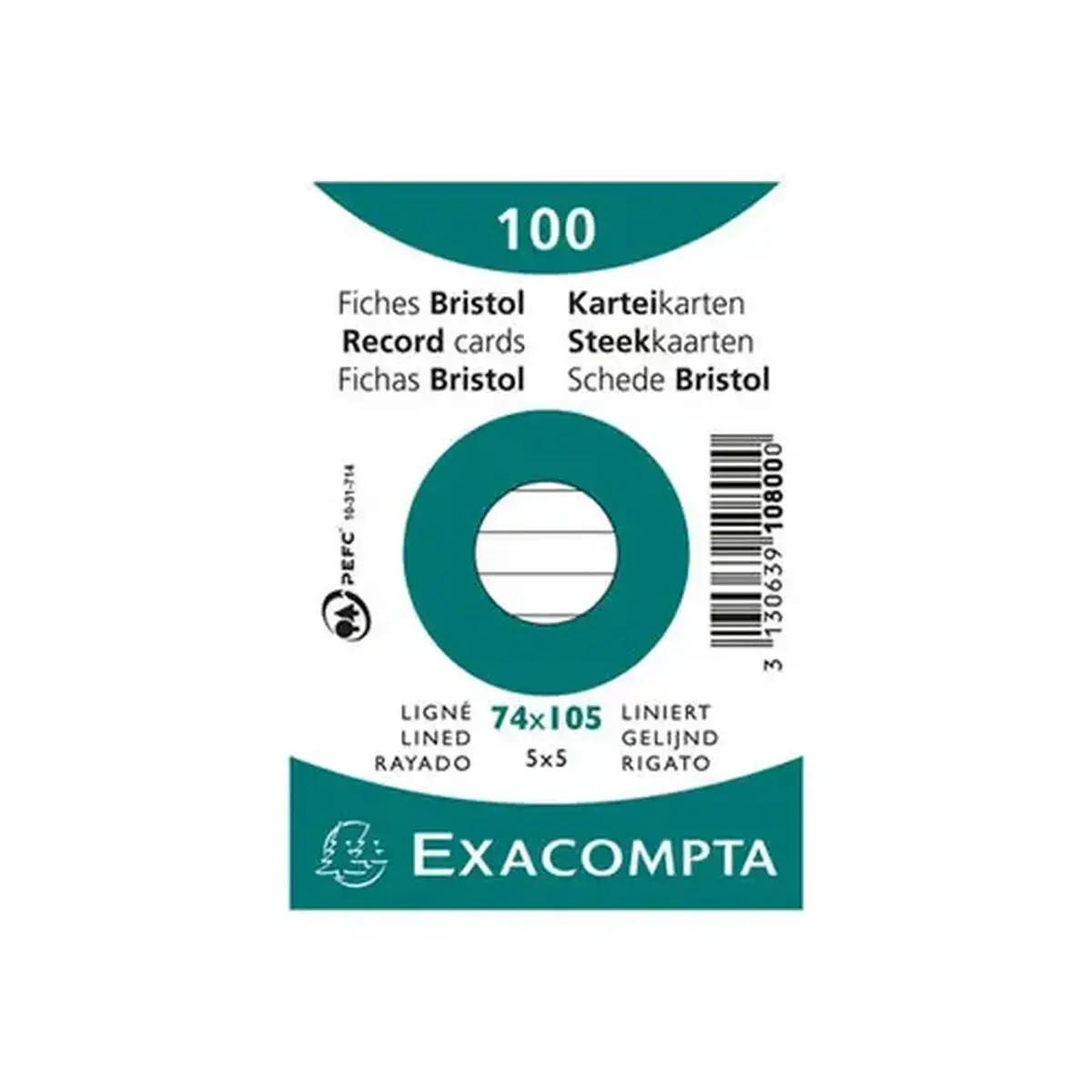 Paquet 100 fiches sous film - bristol ligné non perforé 74 x 105 mm - Blanc - Exacompta