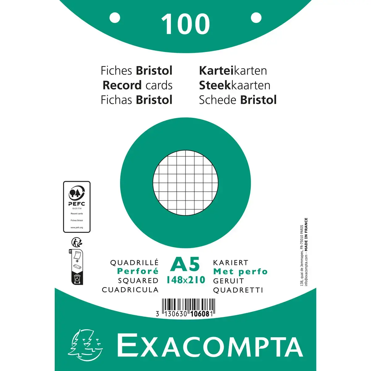 Paquet 100 fiches sous film - bristol quadrill&eacute; 5 x 5 perfor&eacute; 148 x 210 mm - Blanc - Exacompta 