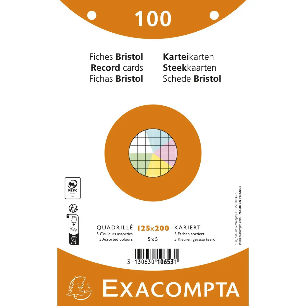 Paquet 100 fiches sous film - bristol quadrillé 5x5 perforé - 125x200mm - Couleurs assorties - EXACOMPTA