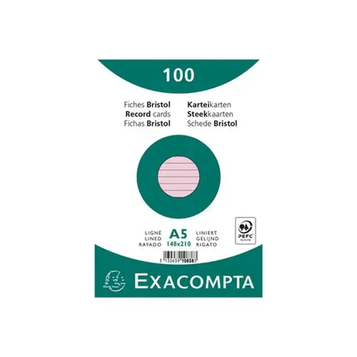 Paquet 100 fiches sous film - bristol lign&eacute; non perfor&eacute; 148 x 210 mm - Rose - Exacompta 