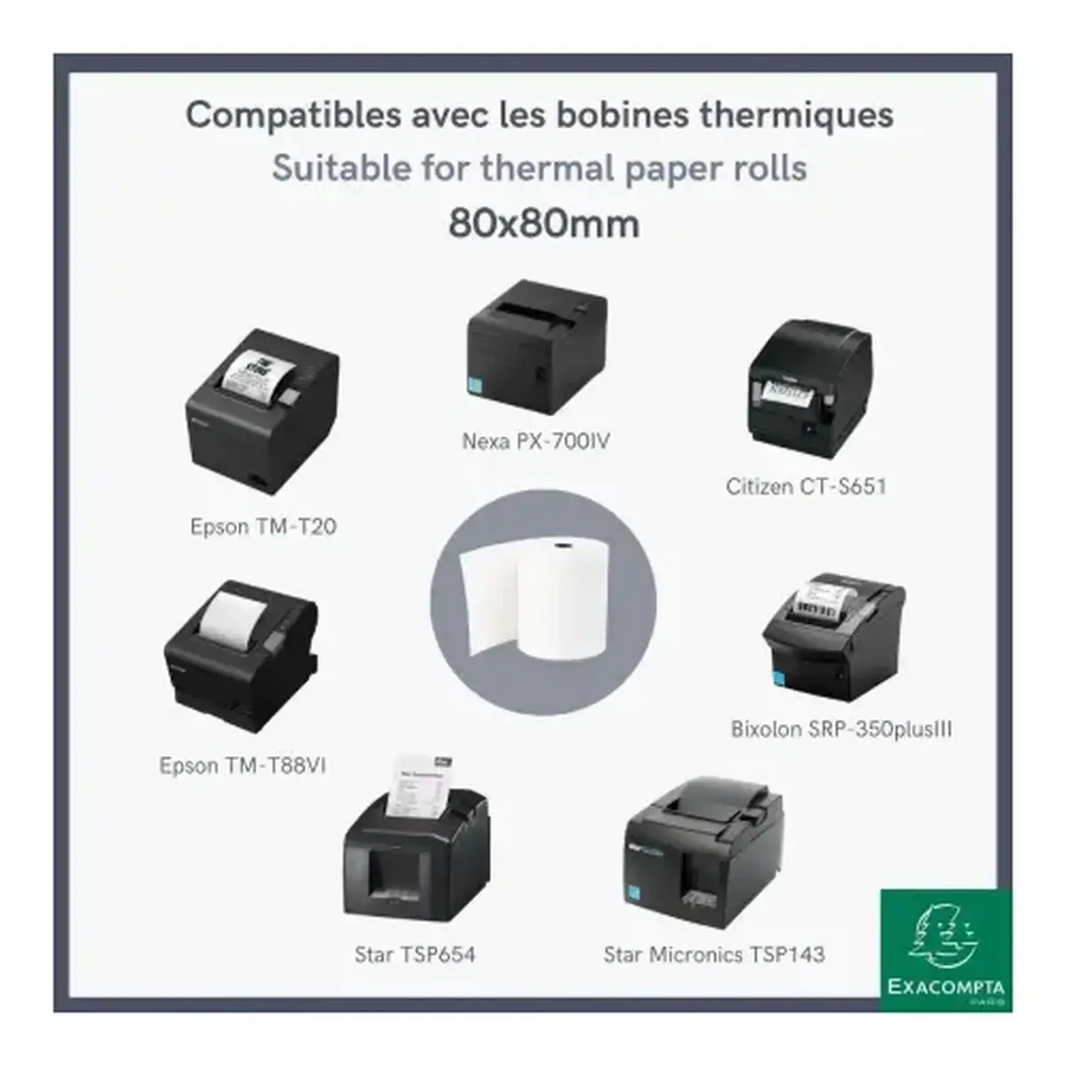 Bobine pour tickets de caisse 80x80 mm - 1 pli thermique 55g/m2 sans BPA. - EXACOMPTA 
