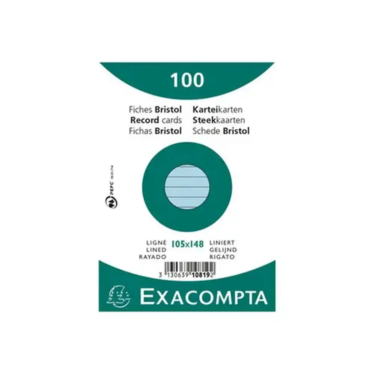 Paquet 100 fiches sous film - bristol ligné non perforé 105 x 148 mm - Azur - Exacompta