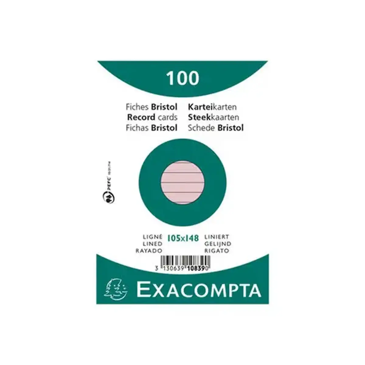 Paquet 100 fiches sous film - bristol lign&eacute; non perfor&eacute; 105x148mm - Rose - EXACOMPTA 