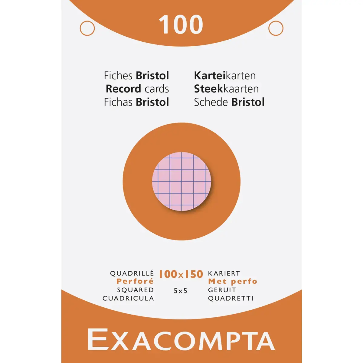 Étui de 100 fiches - bristol quadrillé 5x5 perforé 100x150mm - Couleurs assorties - EXACOMPTA