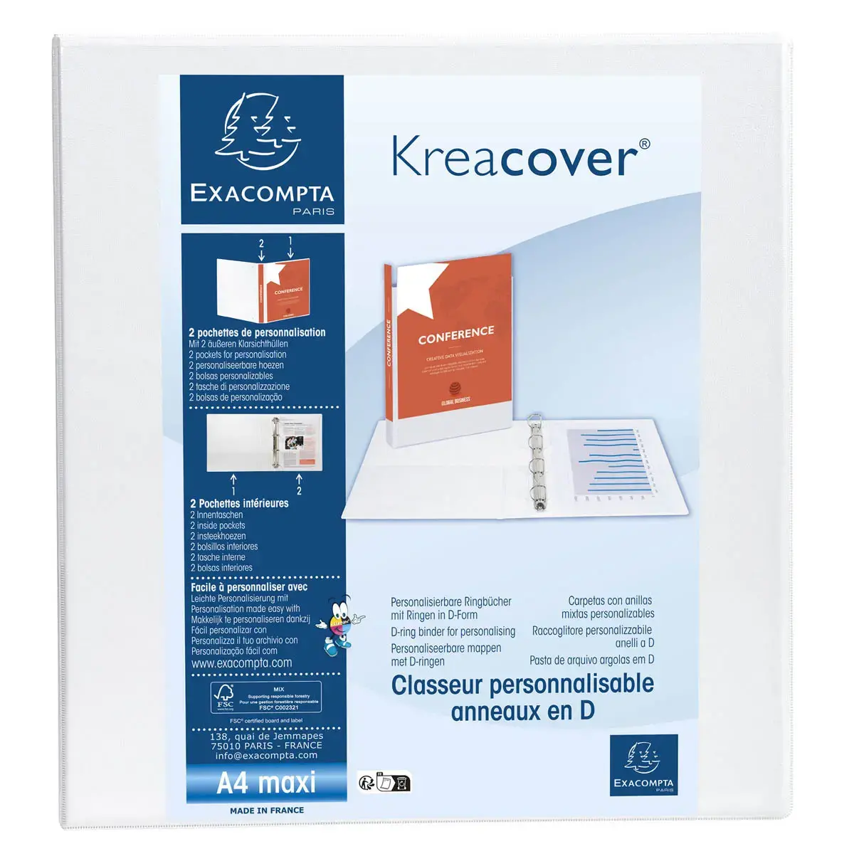 Classeur PP personnalisable Kreacover - 4 anneaux en D 60mm - A4 maxi - Blanc - EXACOMPTA