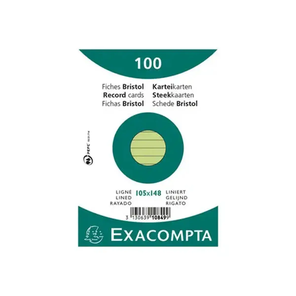 Paquet 100 fiches sous film - bristol ligné non perforé 105x148mm - Vert - EXACOMPTA