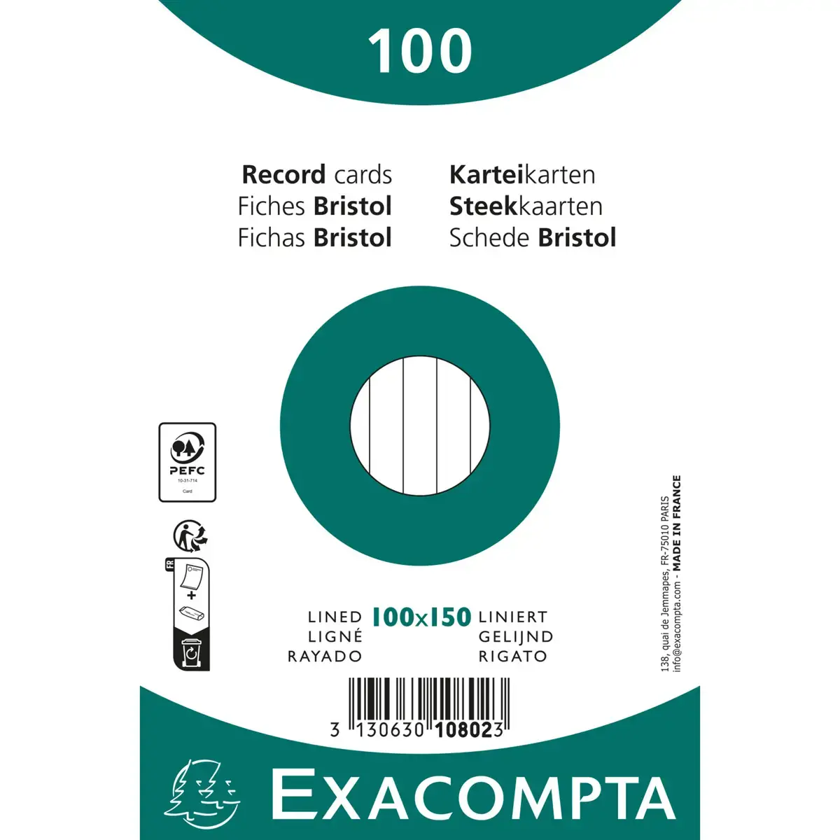 Paquet 100 fiches sous film - bristol ligné non perforé 100 x 150 mm - Blanc - Exacompta