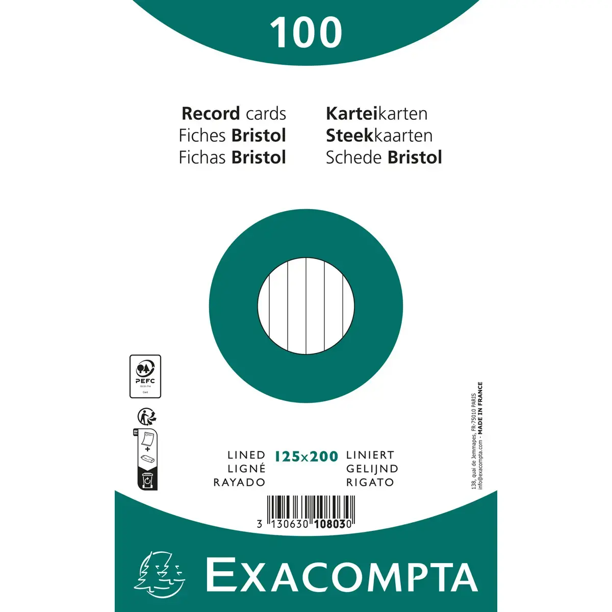 Paquet 100 fiches sous film - ligné non perforé - 125x200mm - Blanc - EXACOMPTA