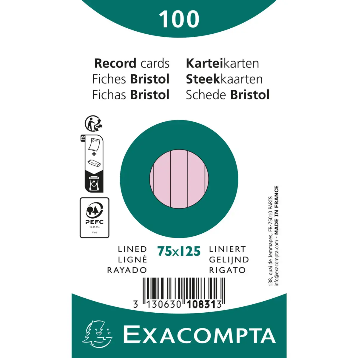 Paquet 100 fiches sous film - bristol lign&eacute; non perfor&eacute; 75x125mm - Rose - EXACOMPTA 