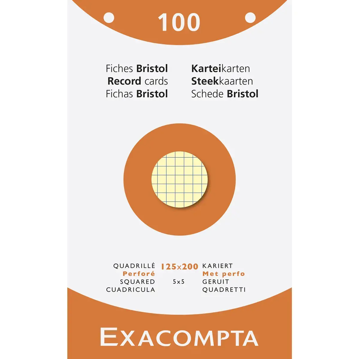 Étui de 100 fiches - bristol quadrillé 5x5 perforé 125x200mm - Couleurs assorties - EXACOMPTA