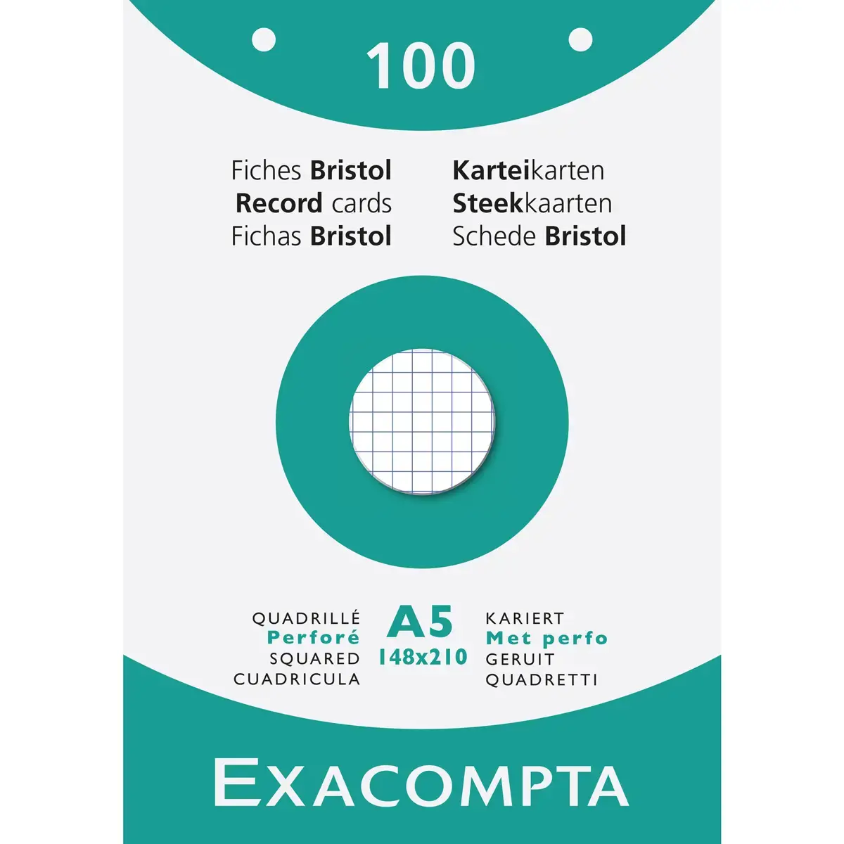 &Eacute;tui de 100 fiches - bristol quadrill&eacute; 5x5 perfor&eacute; 148x210mm - Blanc - EXACOMPTA 