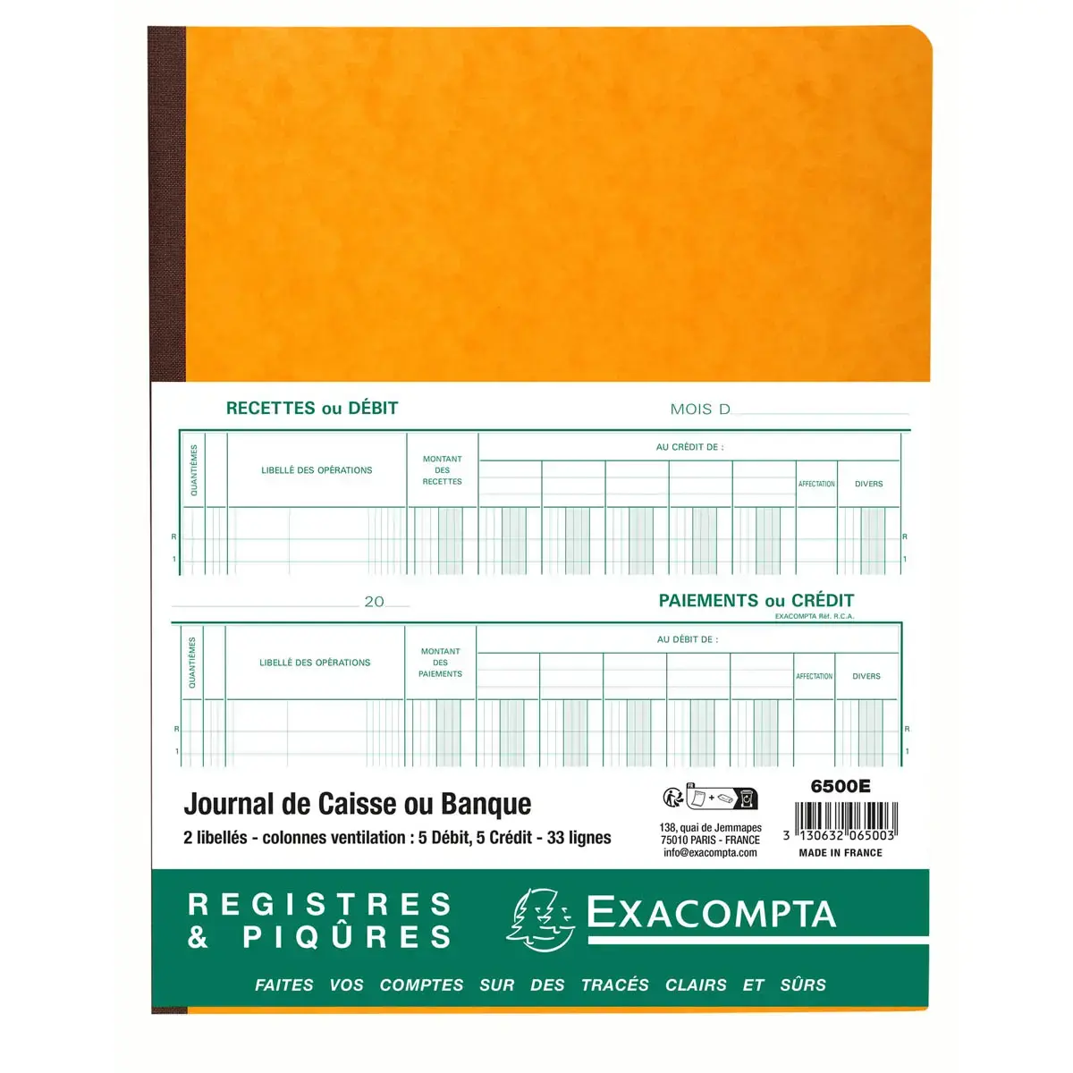 Piq&ucirc;re 32x25cm Journal de caisse ou banque 5 d&eacute;bit - 5 cr&eacute;dit 33 lignes 80 pages - EXACOMPTA 