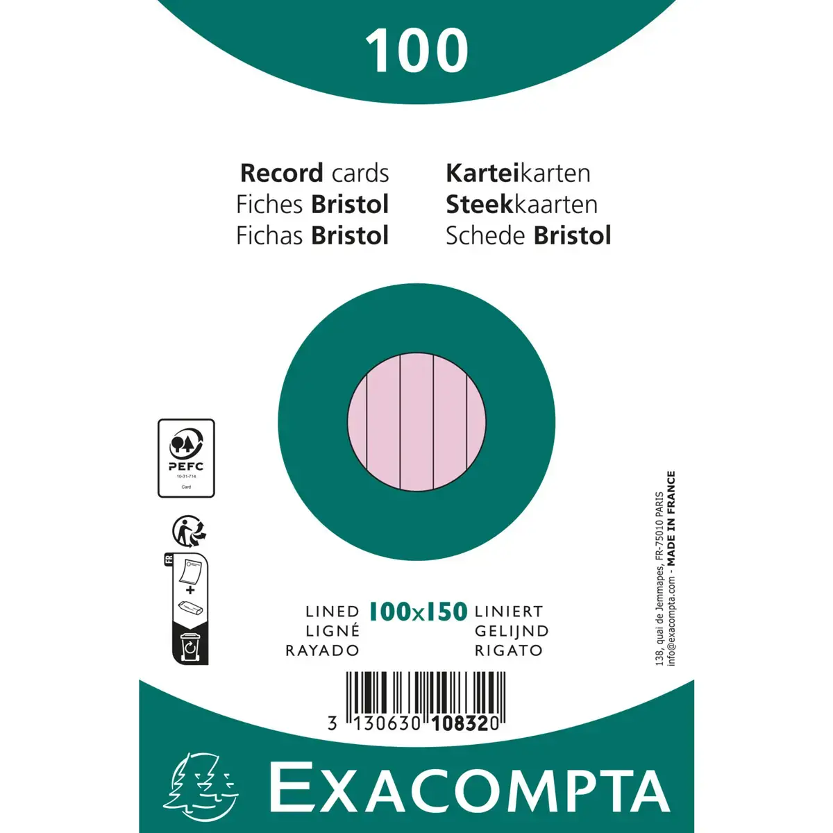 Paquet 100 fiches sous film - bristol lign&eacute; non perfor&eacute; 100 x 150 mm - Rose - Exacompta 