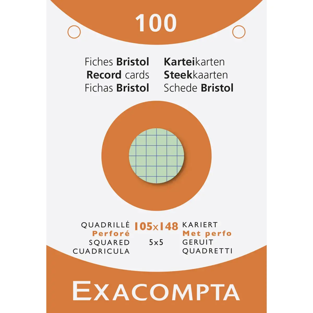 &Eacute;tui de 100 fiches - bristol quadrill&eacute; 5x5 perfor&eacute; 105x148mm - Couleurs assorties - EXACOMPTA 