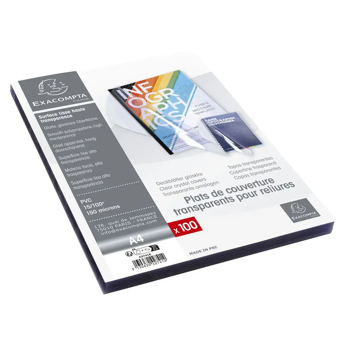 Boite de 100 plats pour relier PVC 15x100e - A4 - Cristal - EXACOMPTA