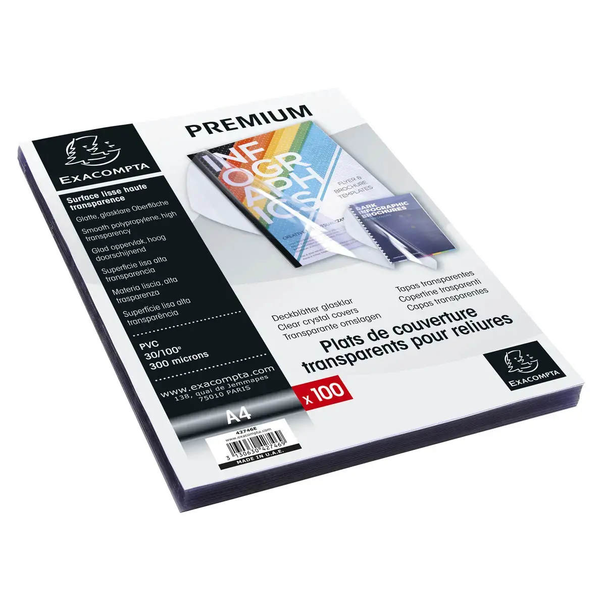 Boite de 100 plats pour relier PVC 30x100e - A4 - Cristal - EXACOMPTA 