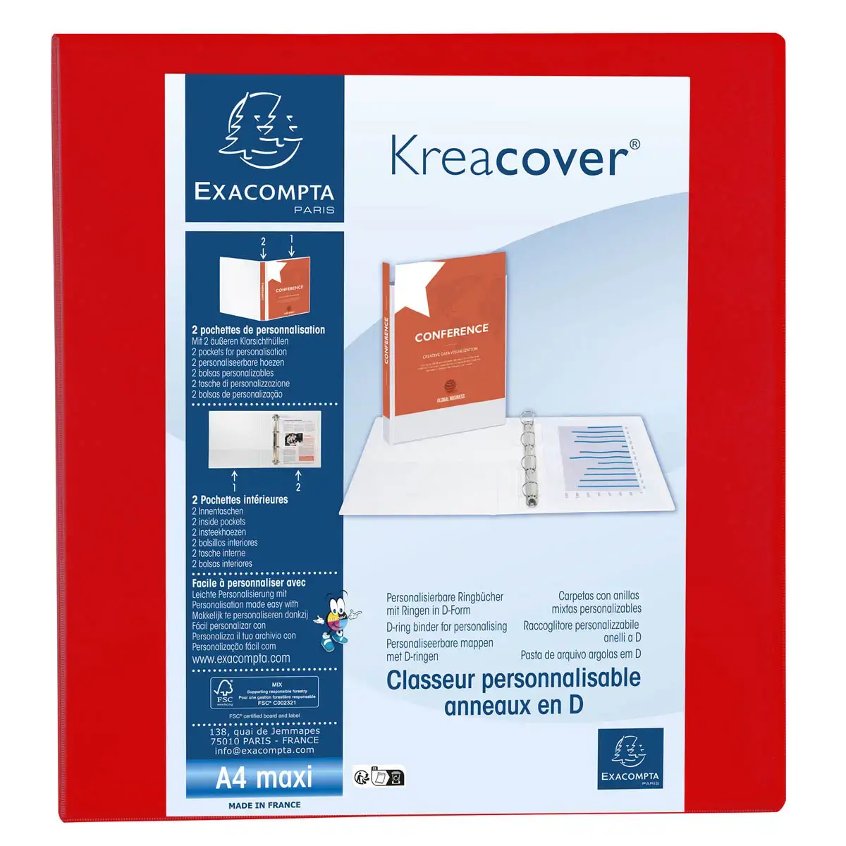 Classeur PP personnalisable Kreacover - 4 anneaux en D 60mm - A4 maxi - Rouge - EXACOMPTA