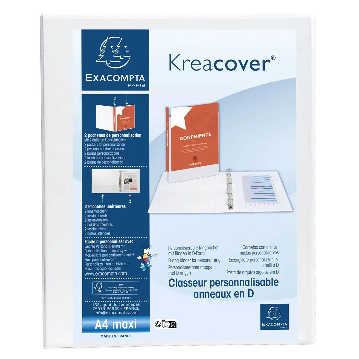 Classeur personnalisable rigide 2 poches KreaCover&reg; - 2 anneaux en D 20mm - A4 maxi - Blanc - EXACOMPTA 