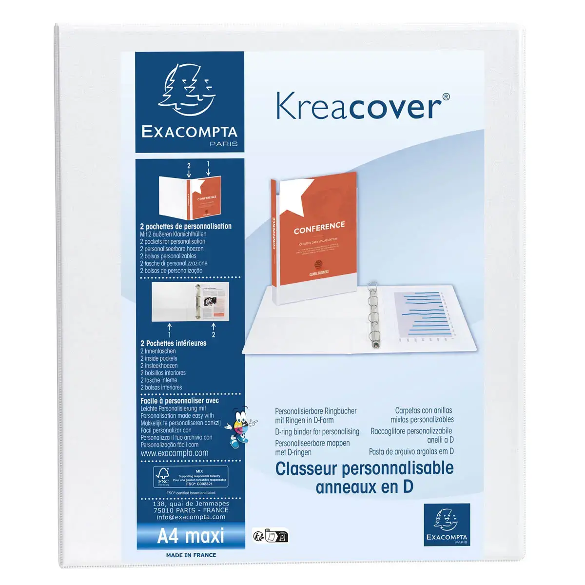 Classeur personnalisable rigide 2 poches KreaCover® - 2 anneaux en D 40mm - A4 maxi - Blanc - EXACOMPTA