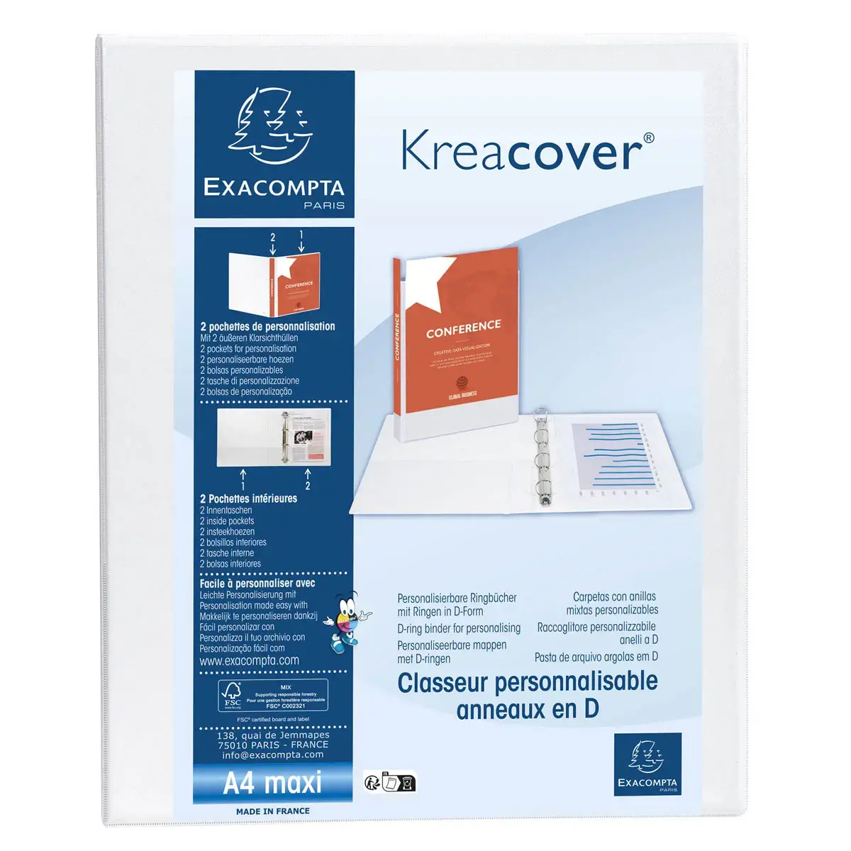 Classeur PP personnalisable Kreacover - 4 anneaux en D 20mm - A4 maxi - Blanc - EXACOMPTA 