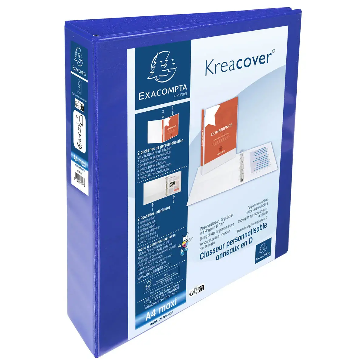 Classeur personnalisable rigide 2 poches KreaCover&reg; - 4 anneaux en D 40mm - A4 maxi - Bleu - EXACOMPTA 