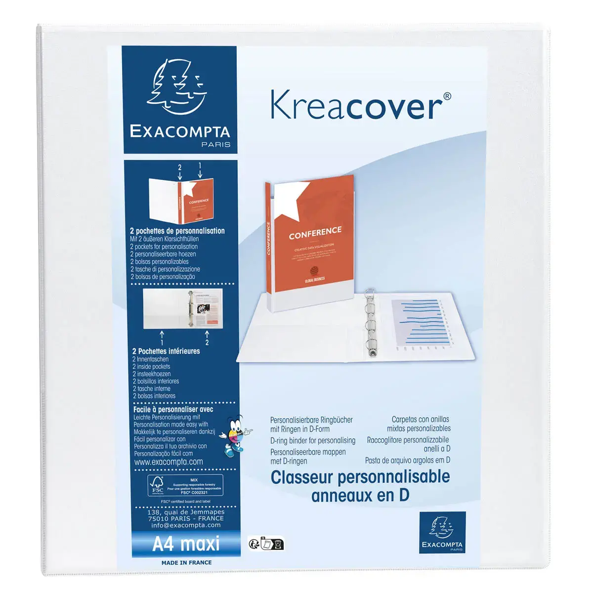 Classeur PP personnalisable Kreacover - 2 anneaux en D 60mm - A4 maxi - Blanc - EXACOMPTA