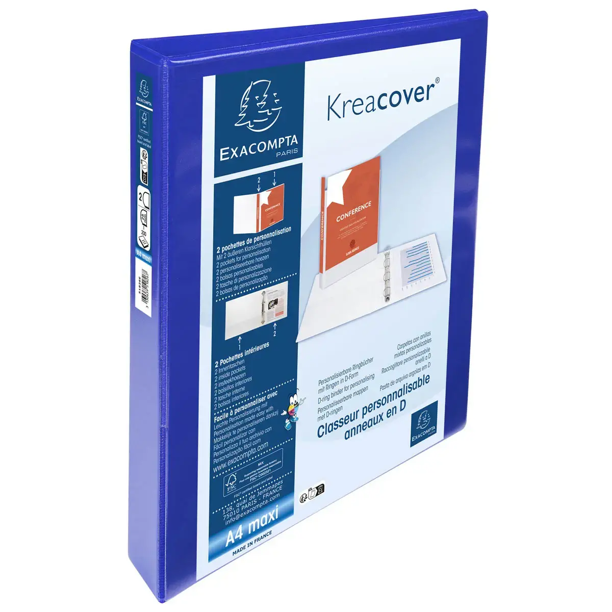 Classeur PP personnalisable Kreacover - 2 anneaux en D 25mm - A4 maxi - Bleu - EXACOMPTA 